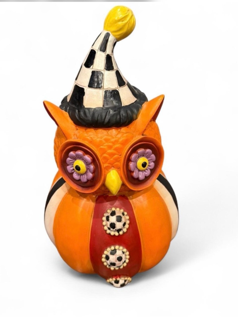 Whimsical Orange Owl Figurine with Checkerboard Hat